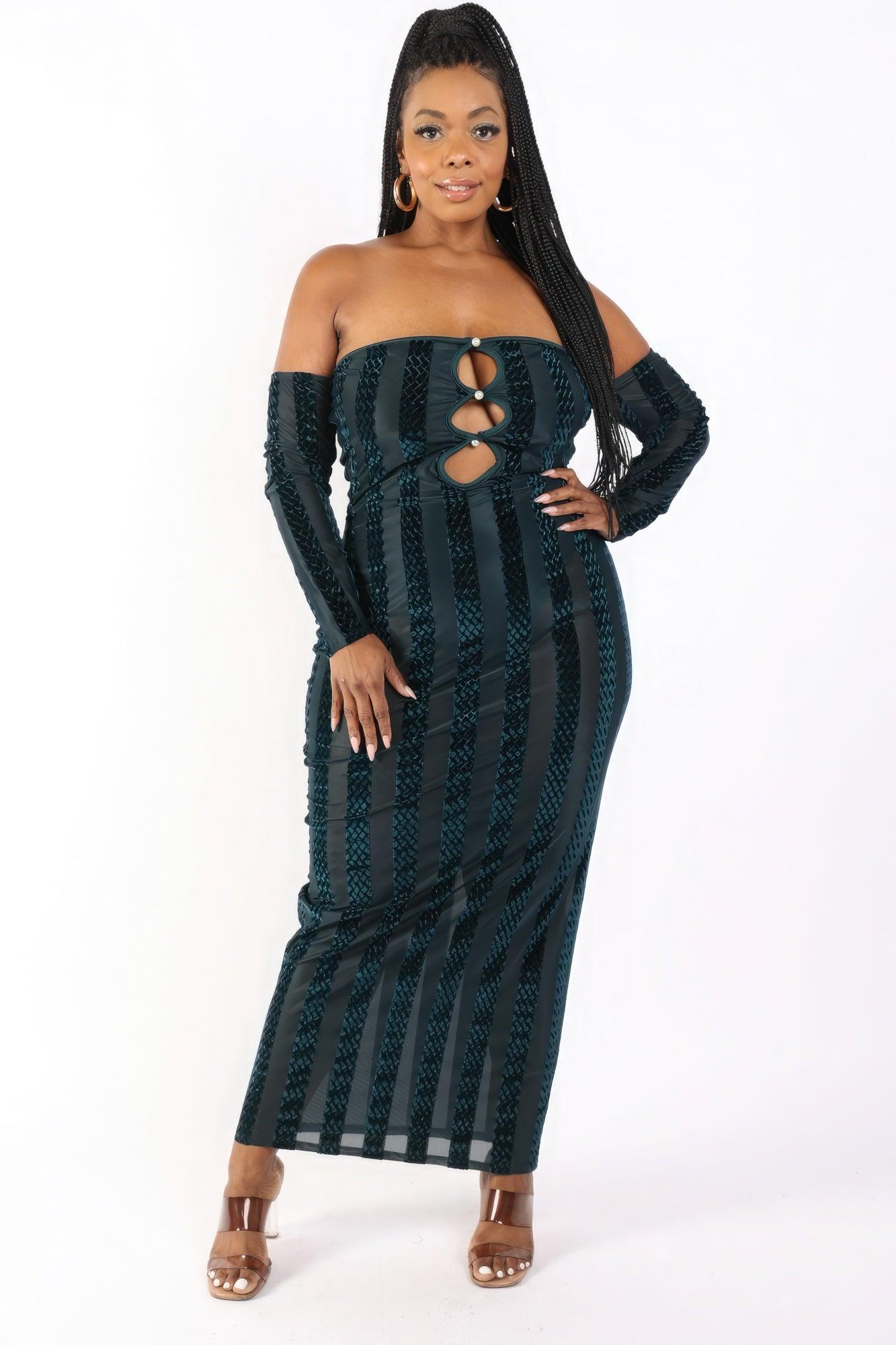 Striped Velvet Off Shoulder Dress - AMIClubwear