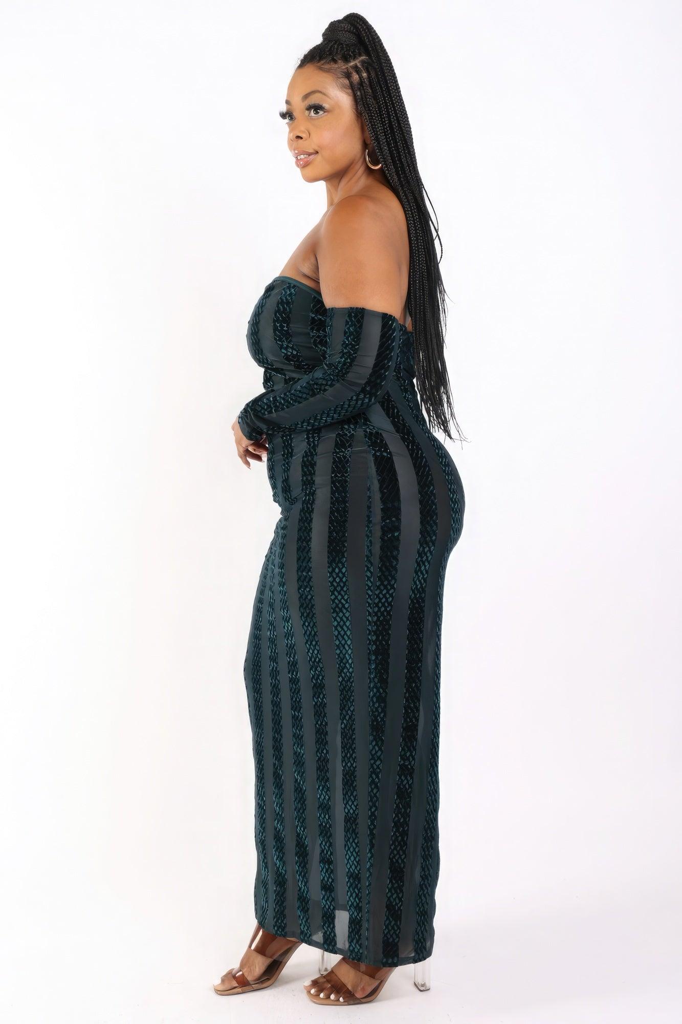 Striped Velvet Off Shoulder Dress - AMIClubwear