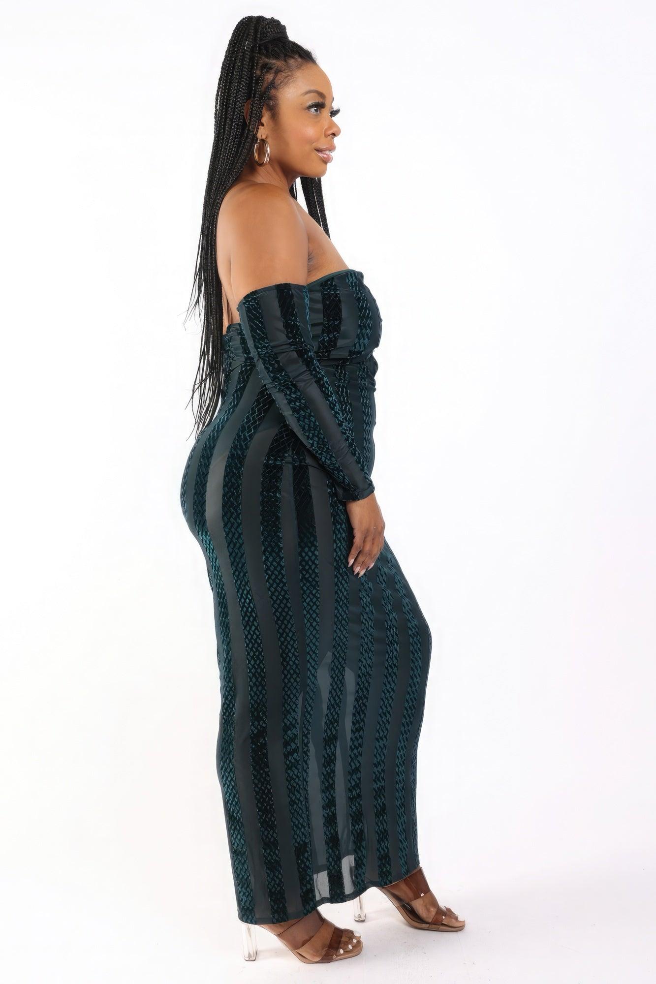 Striped Velvet Off Shoulder Dress - AMIClubwear