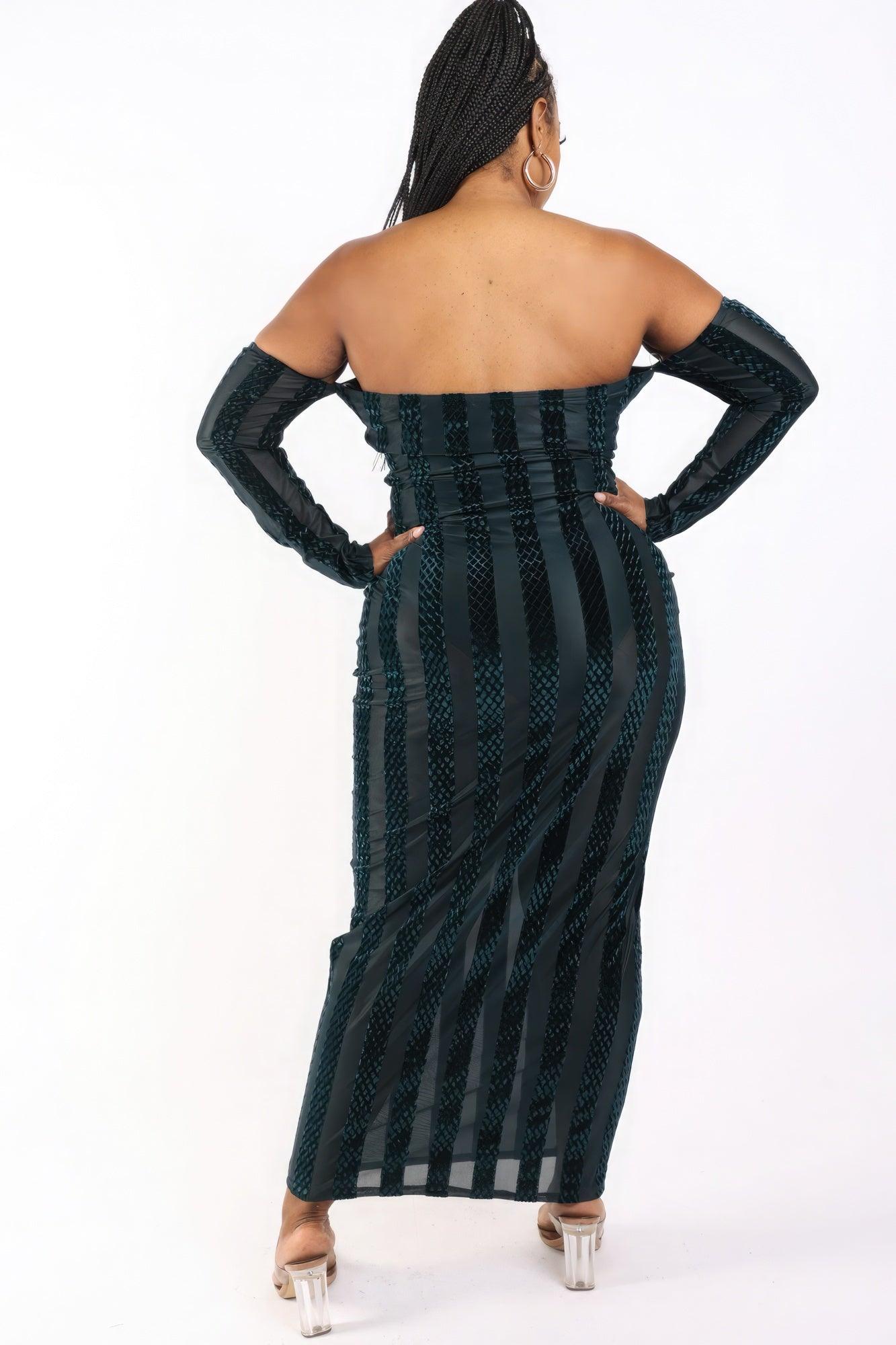 Striped Velvet Off Shoulder Dress - AMIClubwear