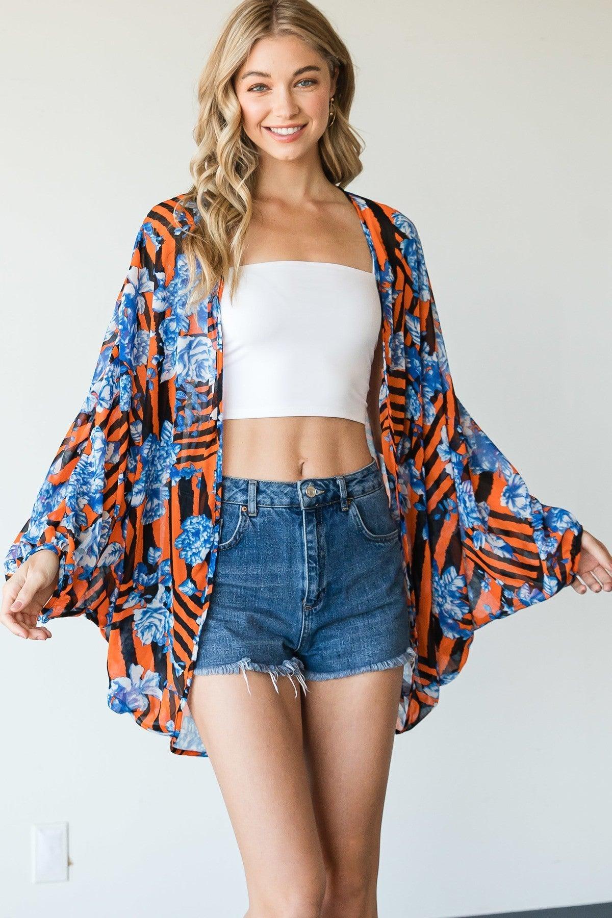 Stripes And Floral Print Lightweight Kimono - AMIClubwear