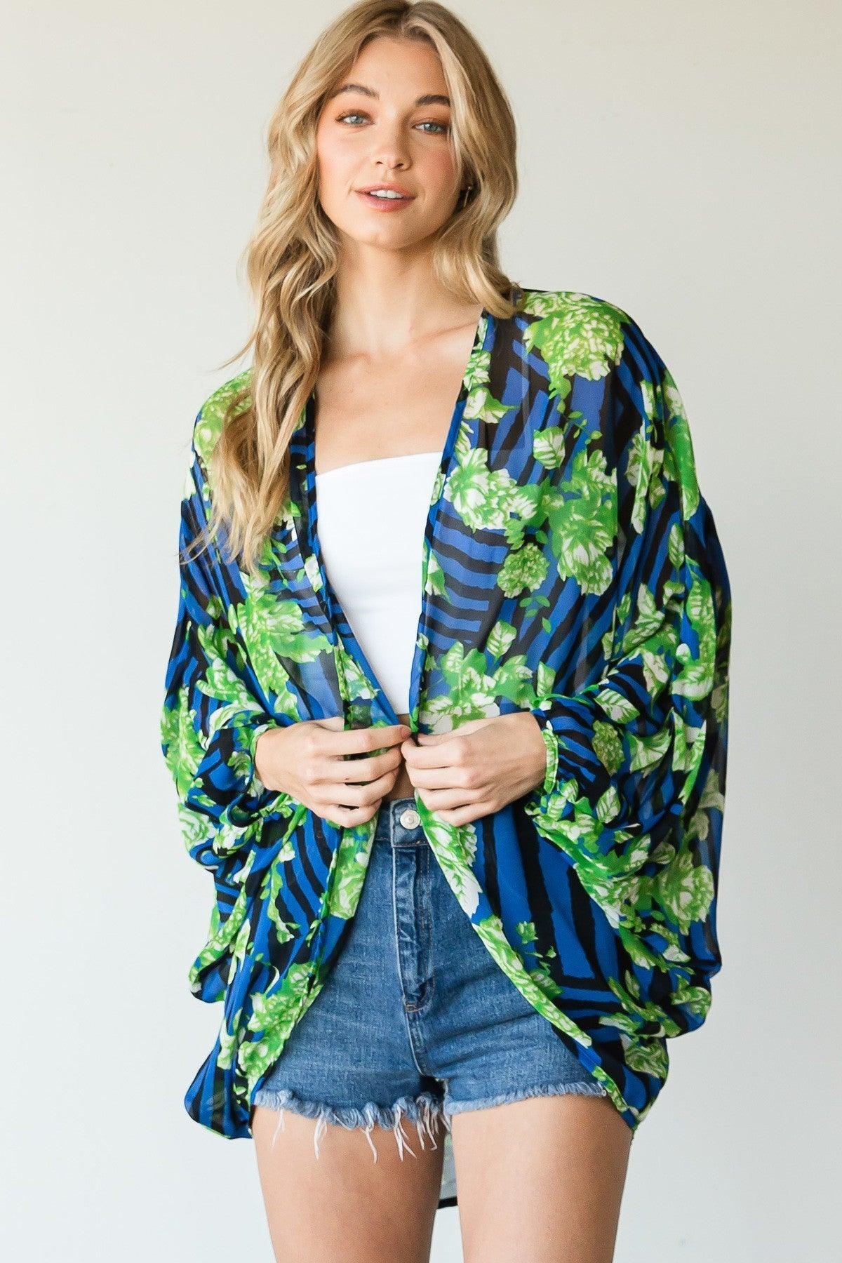 Stripes And Floral Print Lightweight Kimono - AMIClubwear