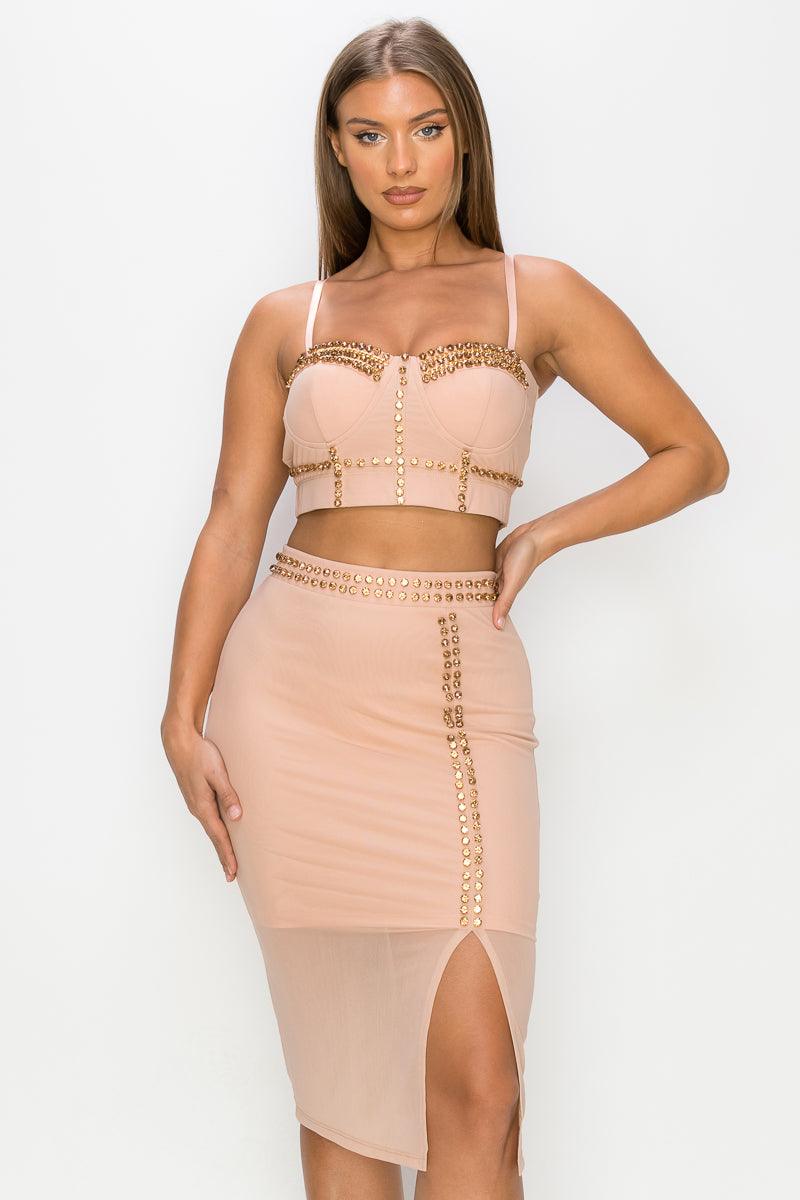 Studded Stone Cami Top & Slit Mini Skirts Set - AMIClubwear