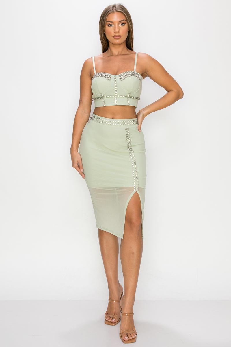 Studded Stone Cami Top & Slit Mini Skirts Set - AMIClubwear