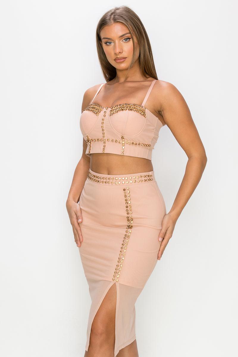 Studded Stone Cami Top & Slit Mini Skirts Set - AMIClubwear