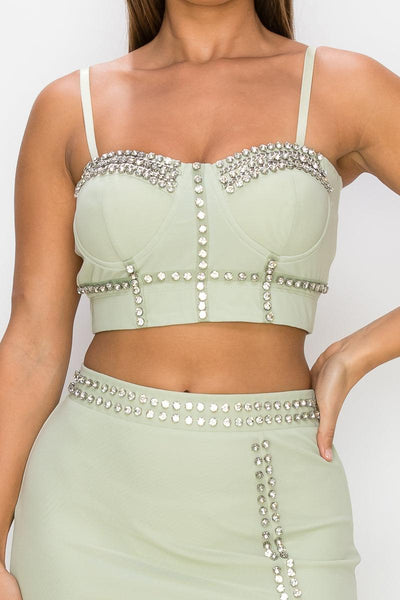 Studded Stone Cami Top & Slit Mini Skirts Set - AMIClubwear