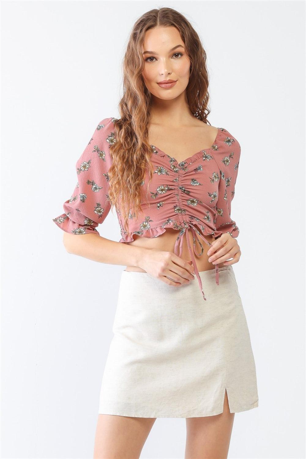 Tasha Apparel Floral Ruffle Smocked Back Ruched Crop Top - AMIClubwear