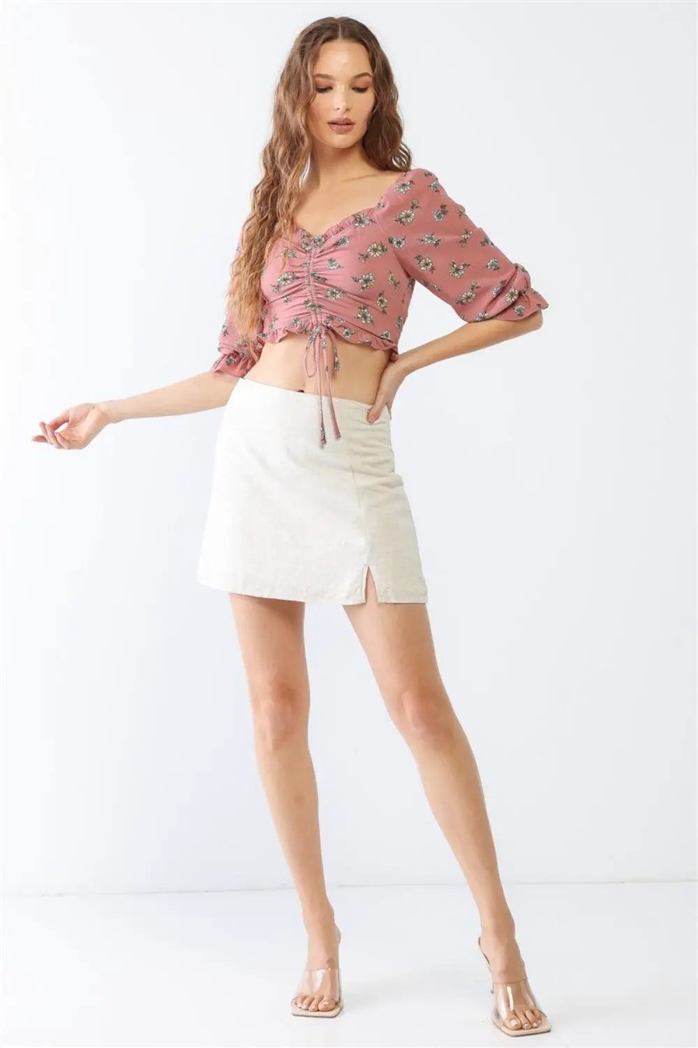 Tasha Apparel Floral Ruffle Smocked Back Ruched Crop Top