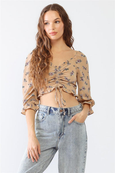 Tasha Apparel Floral Ruffle Smocked Back Ruched Crop Top - AMIClubwear