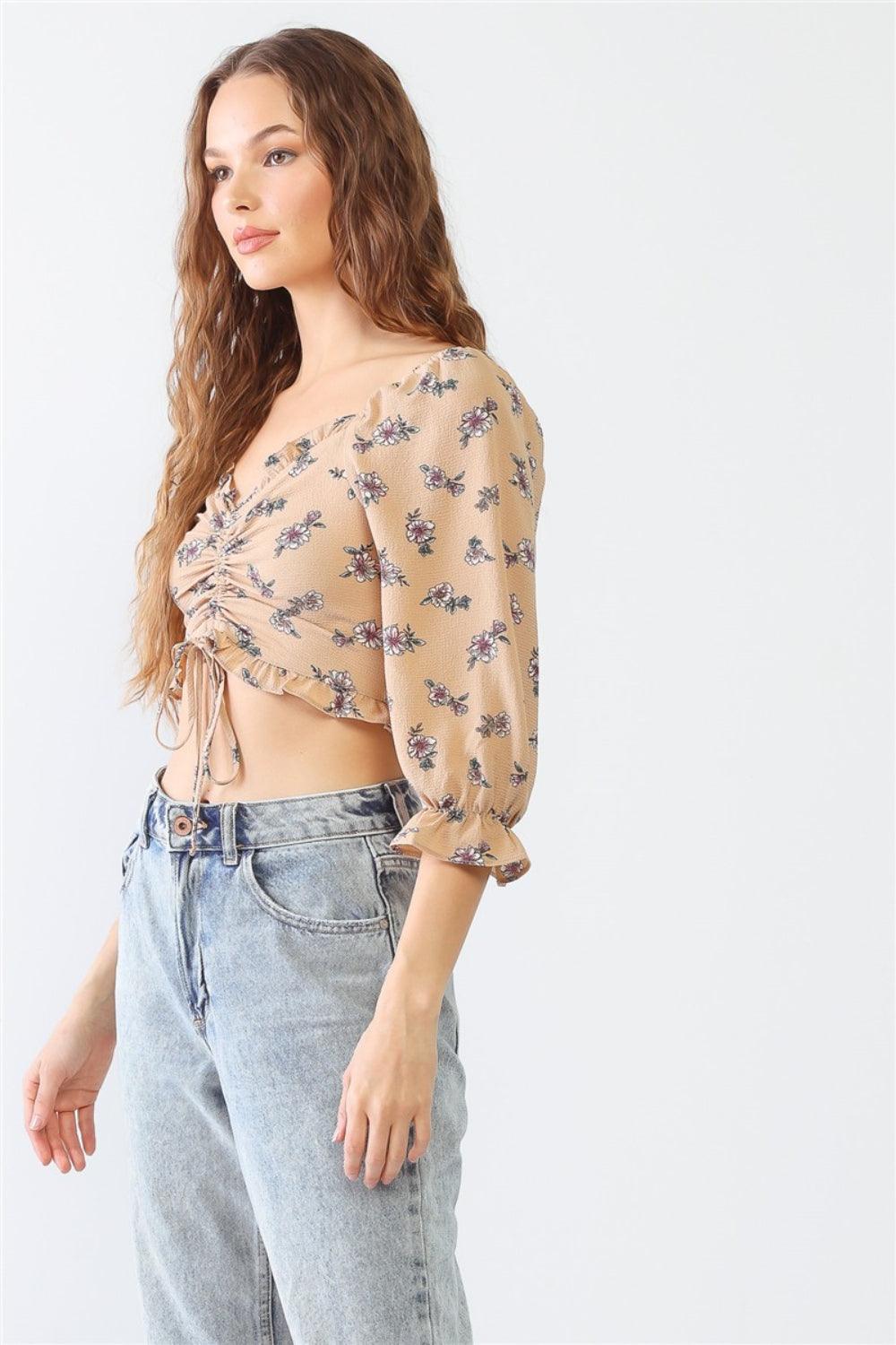 Tasha Apparel Floral Ruffle Smocked Back Ruched Crop Top - AMIClubwear