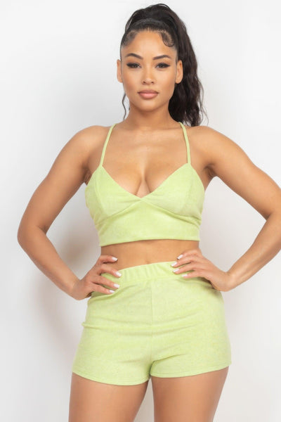 Terry Towel Bralette Top & Mini Shorts Set - AMIClubwear