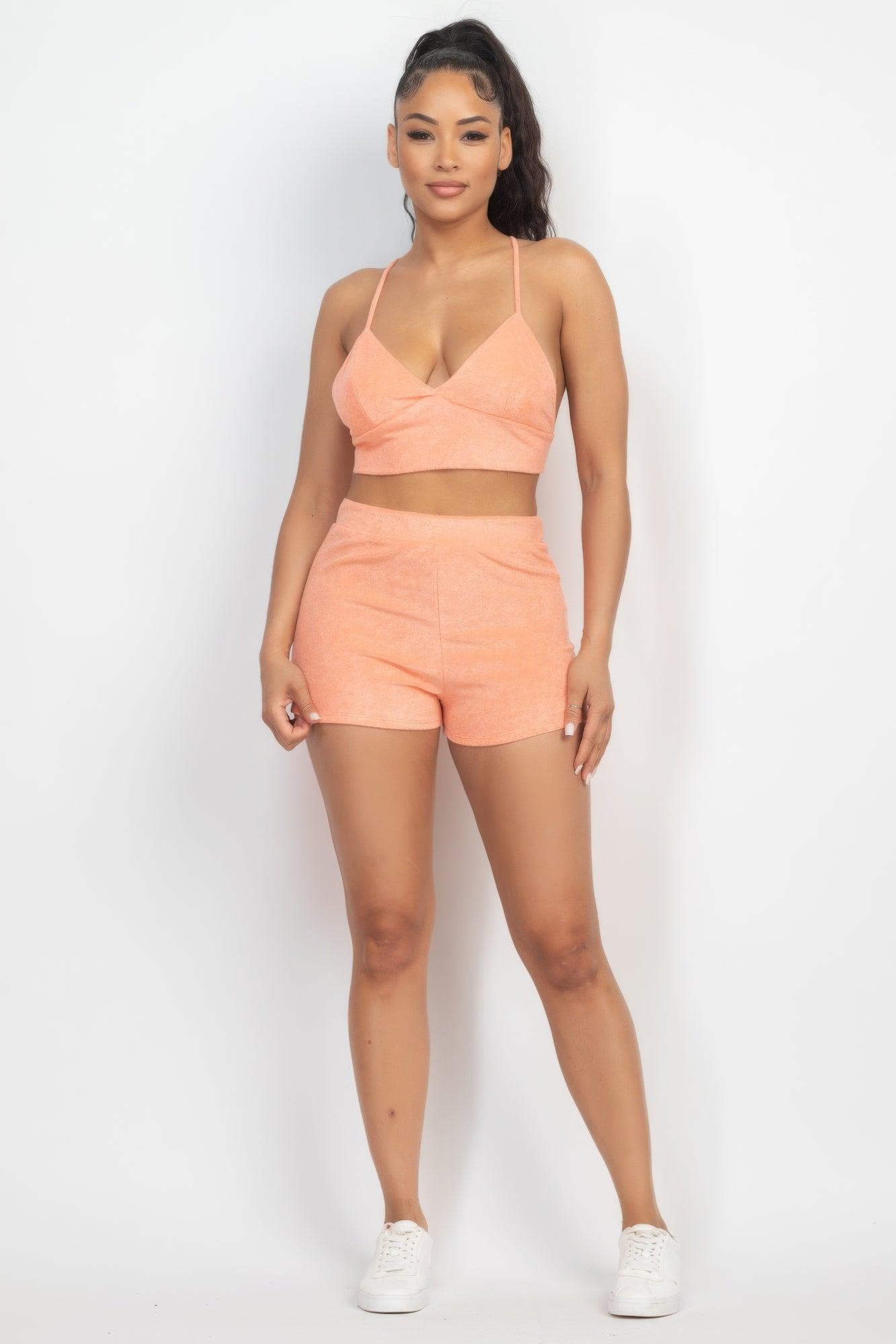 Terry Towel Bralette Top & Mini Shorts Set - AMIClubwear