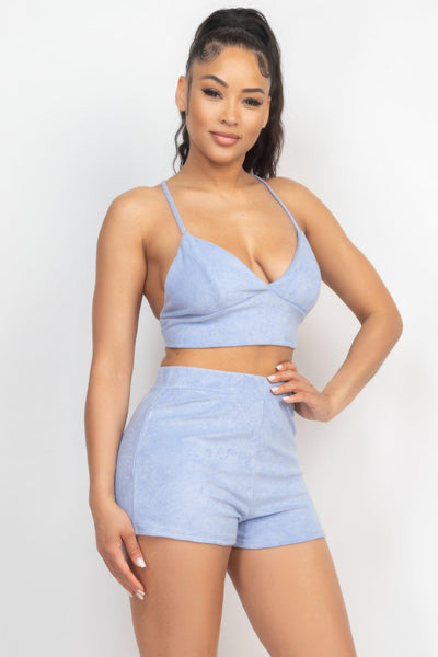 Terry Towel Bralette Top & Mini Shorts Set - AMIClubwear