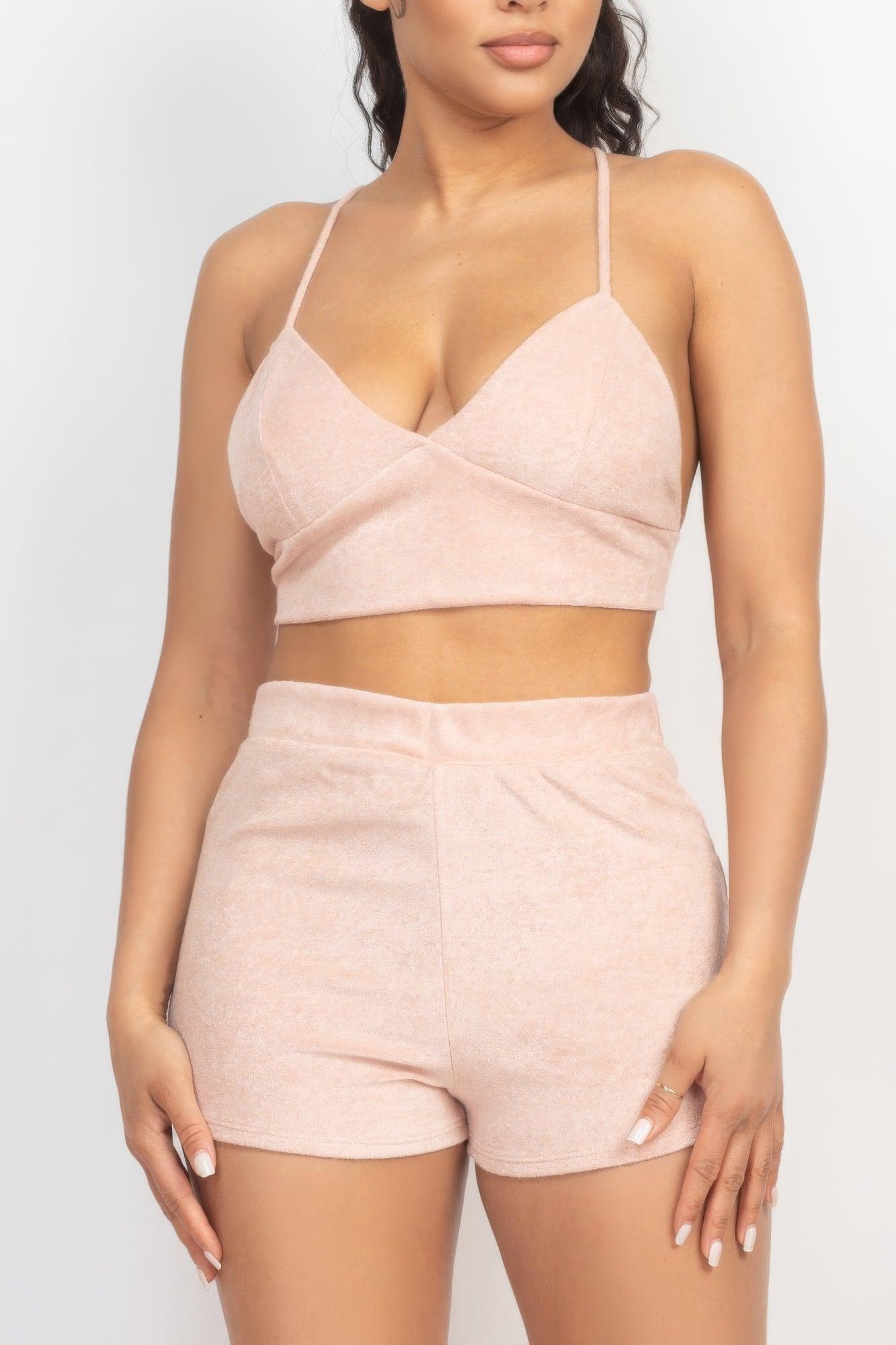 Terry Towel Bralette Top & Mini Shorts Set - AMIClubwear