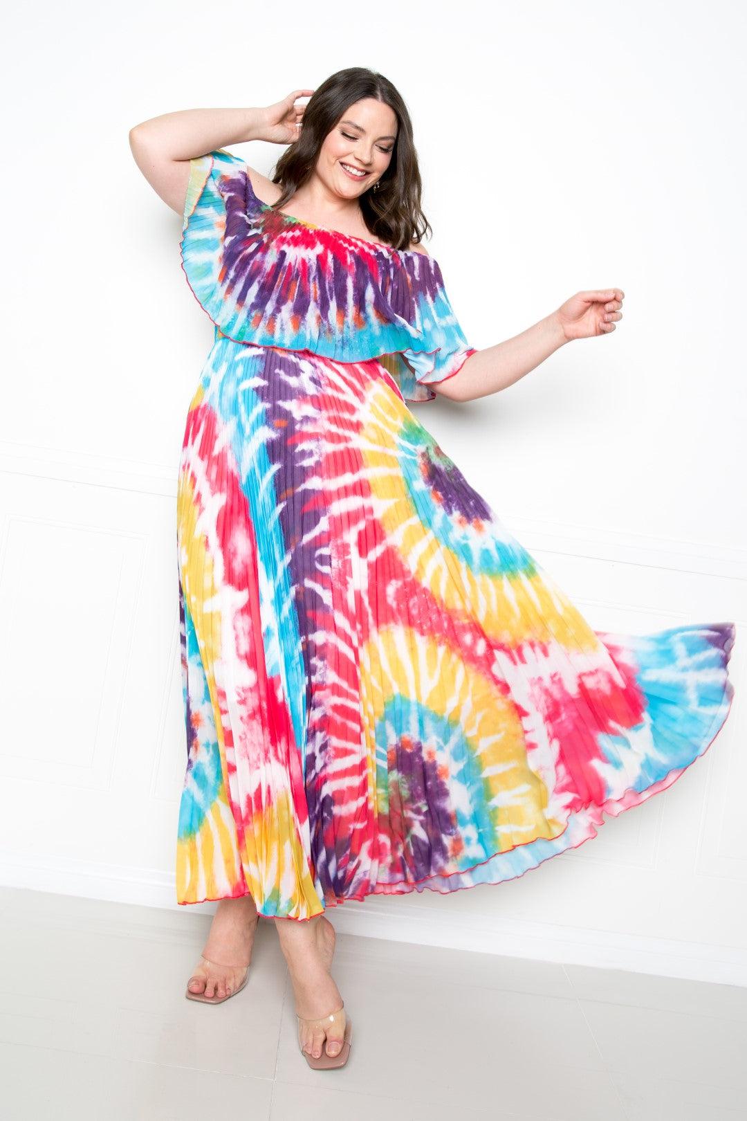 Tie Dye Off Shoulder Pleated Maxi Dress - AMIClubwear