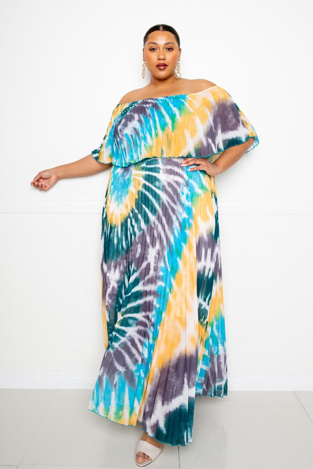 Tie Dye Off Shoulder Pleated Maxi Dress - AMIClubwear