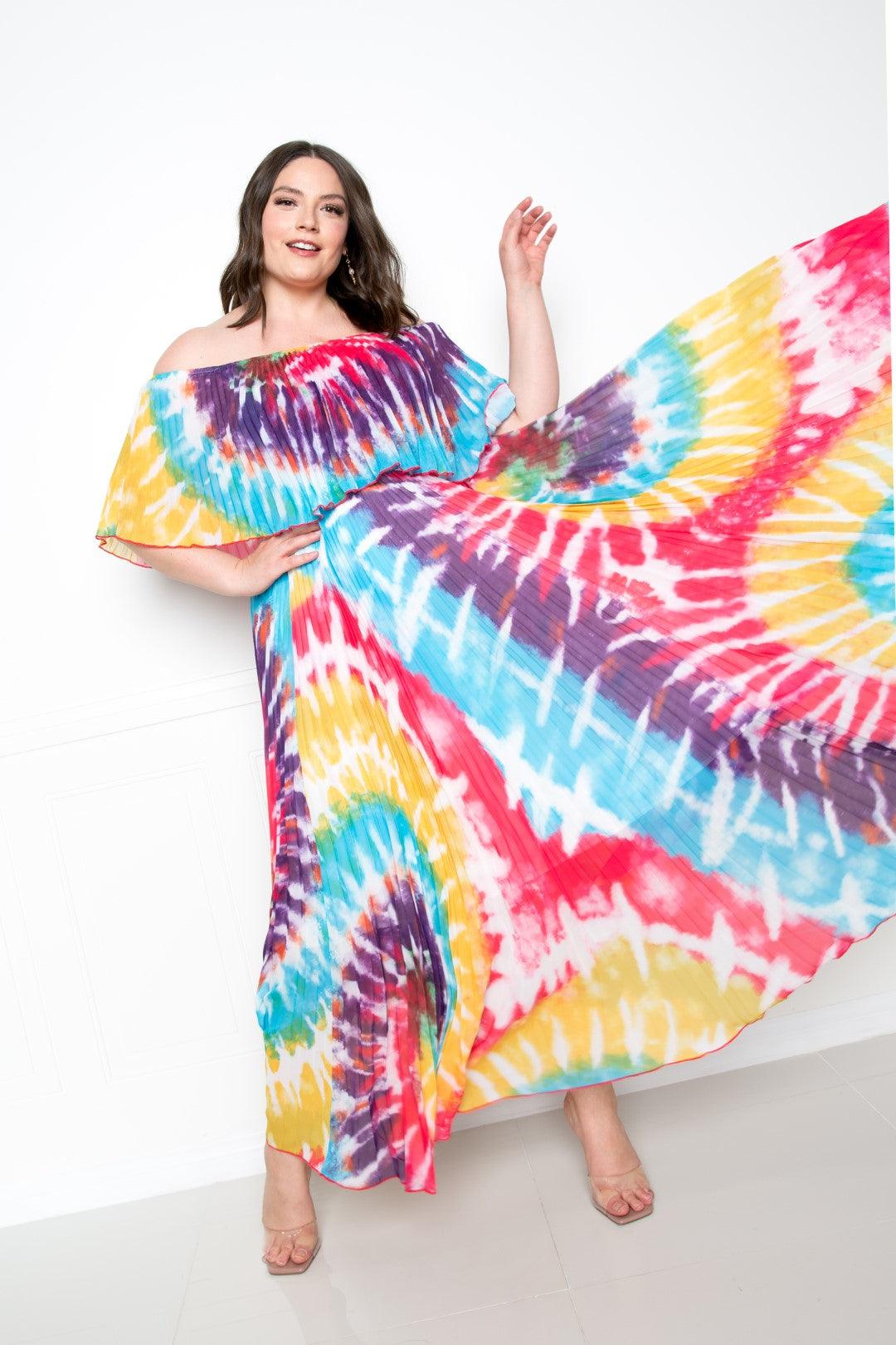 Tie Dye Off Shoulder Pleated Maxi Dress - AMIClubwear