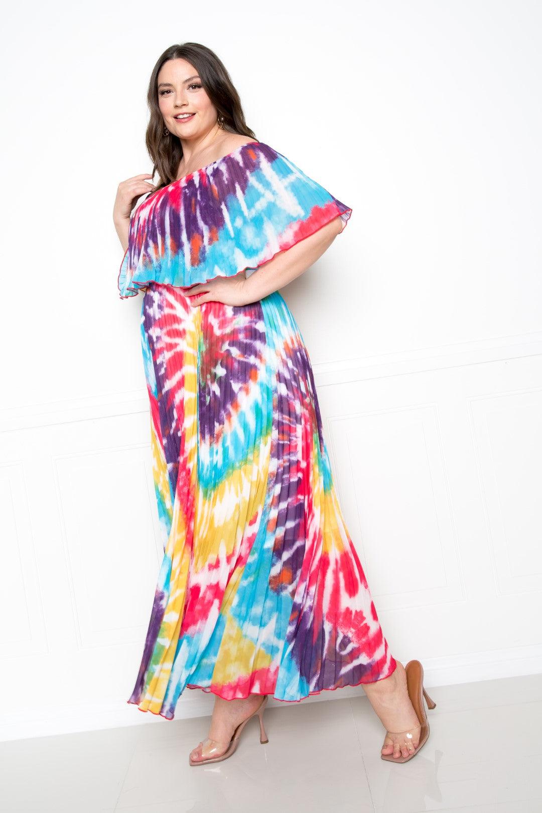 Tie Dye Off Shoulder Pleated Maxi Dress - AMIClubwear