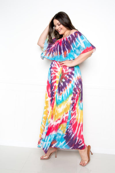 Tie Dye Off Shoulder Pleated Maxi Dress - AMIClubwear