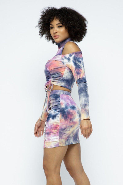 Tie Dye Open Shoulder Long Sleeve Top And Matching Skirt W Ruching Details - AMIClubwear