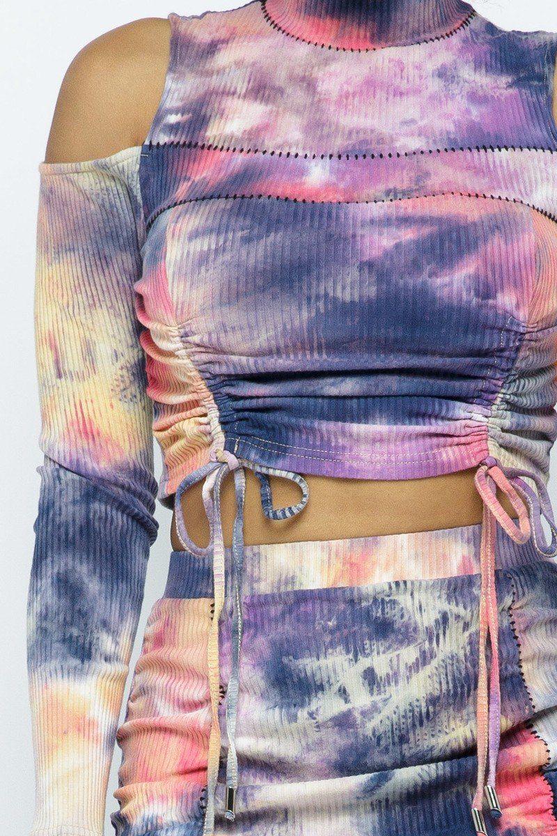 Tie Dye Open Shoulder Long Sleeve Top And Matching Skirt W Ruching Details - AMIClubwear