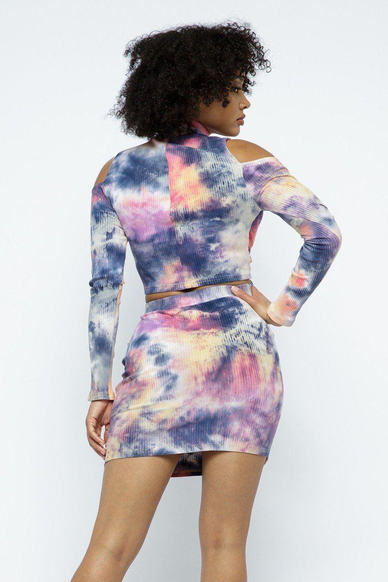 Tie Dye Open Shoulder Long Sleeve Top And Matching Skirt W Ruching Details - AMIClubwear