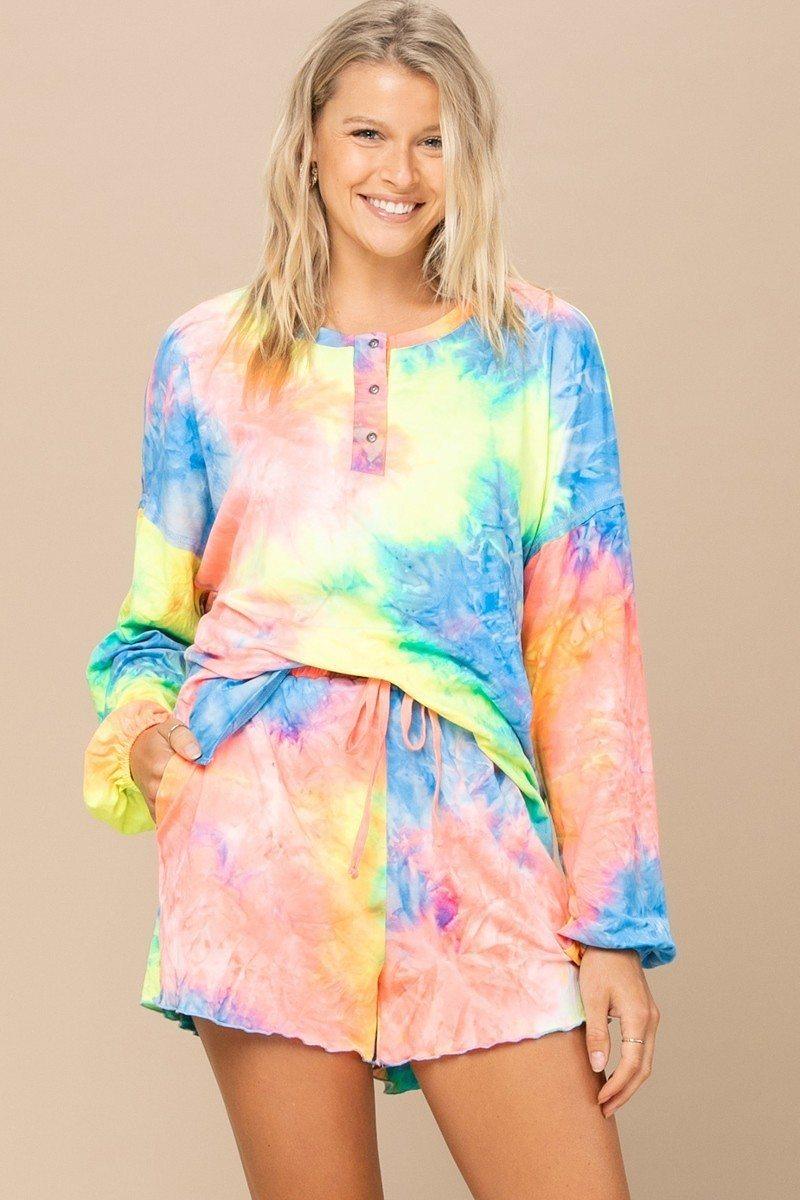 Tie-dye Printed Knit Top And Shorts Set - AMIClubwear