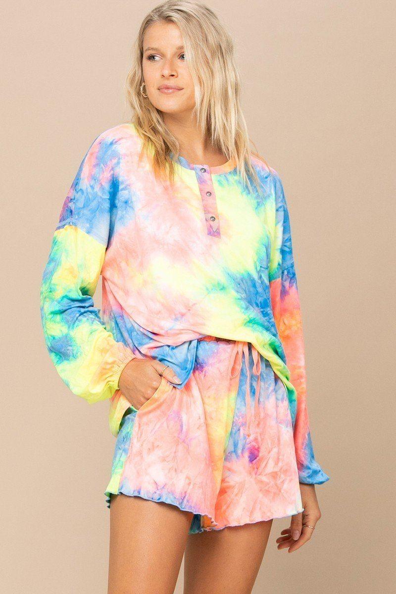 Tie-dye Printed Knit Top And Shorts Set - AMIClubwear