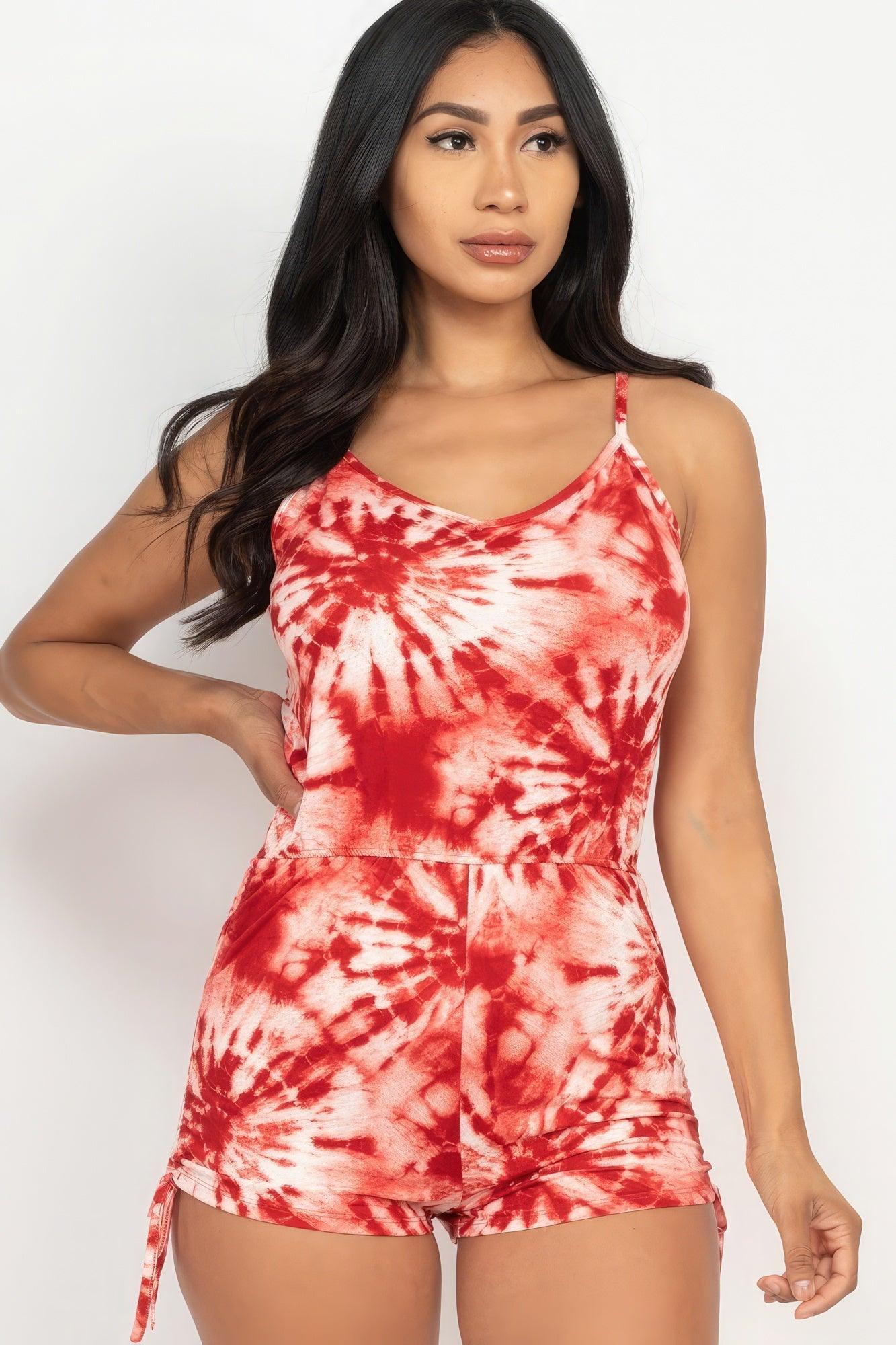 Tie-dye Ruched Drawstring Summer Romper - AMIClubwear