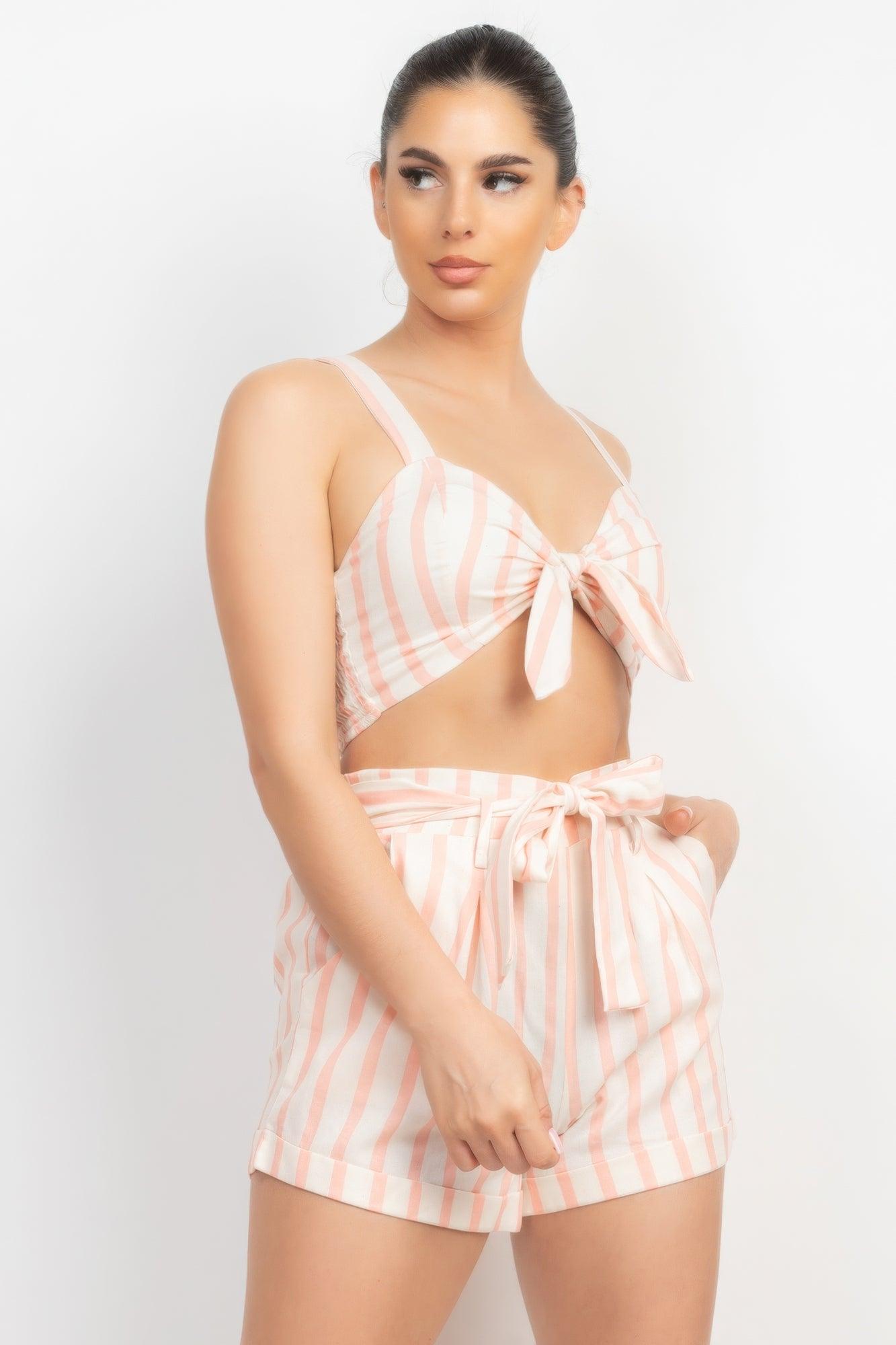 Tie-front Striped Crop Top & Belted Shorts Set - AMIClubwear