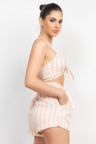 Tie-front Striped Crop Top & Belted Shorts Set - AMIClubwear