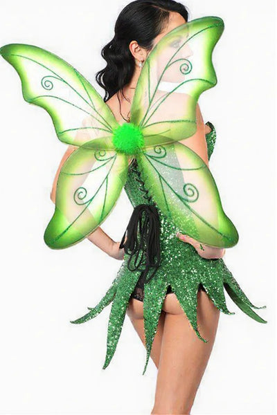 Green Glitter Lace-Up Dress Pom Pom Wings Sexy Tinkerbell Costume
