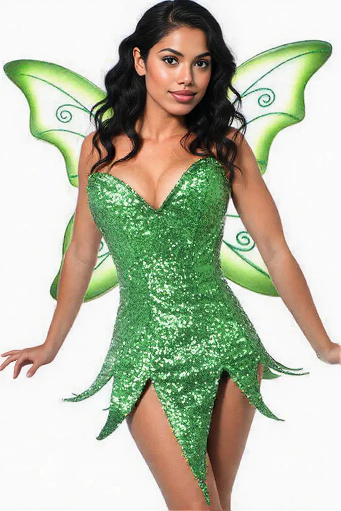 Green Glitter Lace-Up Dress Pom Pom Wings Sexy Tinkerbell Costume