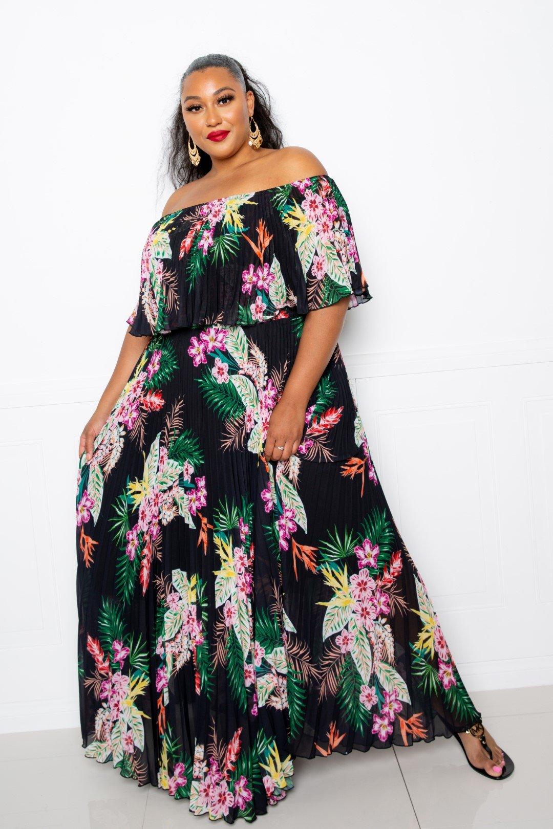 Tropical Printed Off Shoulder Pleated Maxi Dress - AMIClubwear