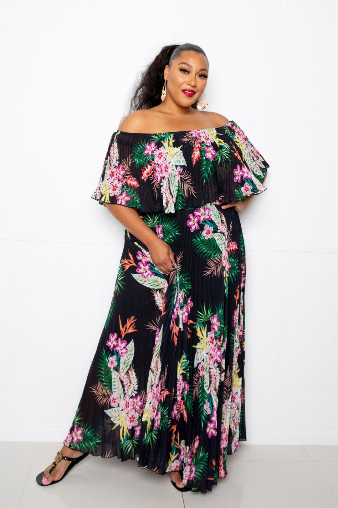 Tropical Printed Off Shoulder Pleated Maxi Dress - AMIClubwear