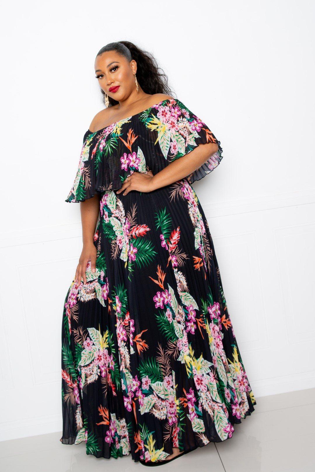 Tropical Printed Off Shoulder Pleated Maxi Dress - AMIClubwear