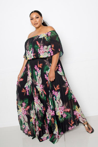 Tropical Printed Off Shoulder Pleated Maxi Dress - AMIClubwear
