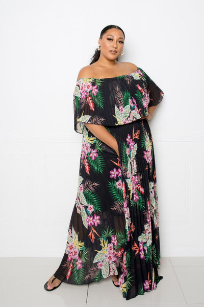 Tropical Printed Off Shoulder Pleated Maxi Dress - AMIClubwear