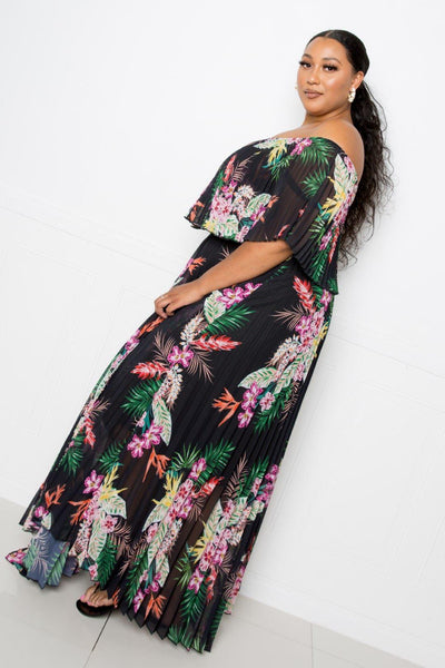 Tropical Printed Off Shoulder Pleated Maxi Dress - AMIClubwear