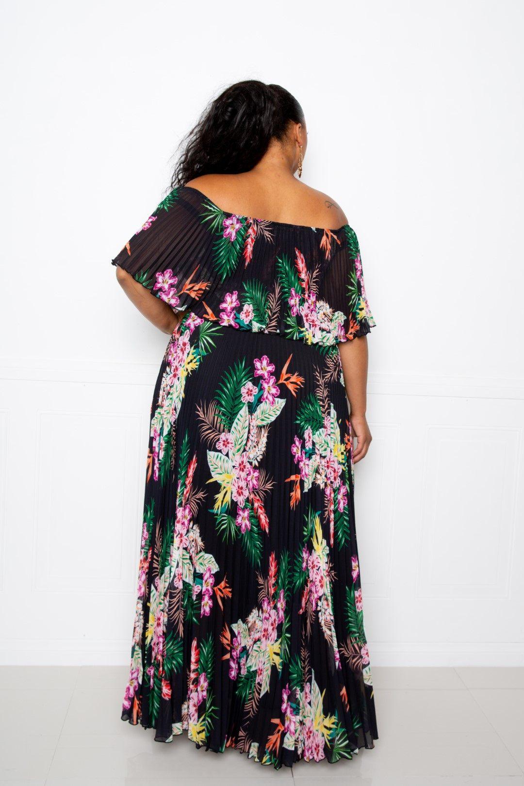 Tropical Printed Off Shoulder Pleated Maxi Dress - AMIClubwear