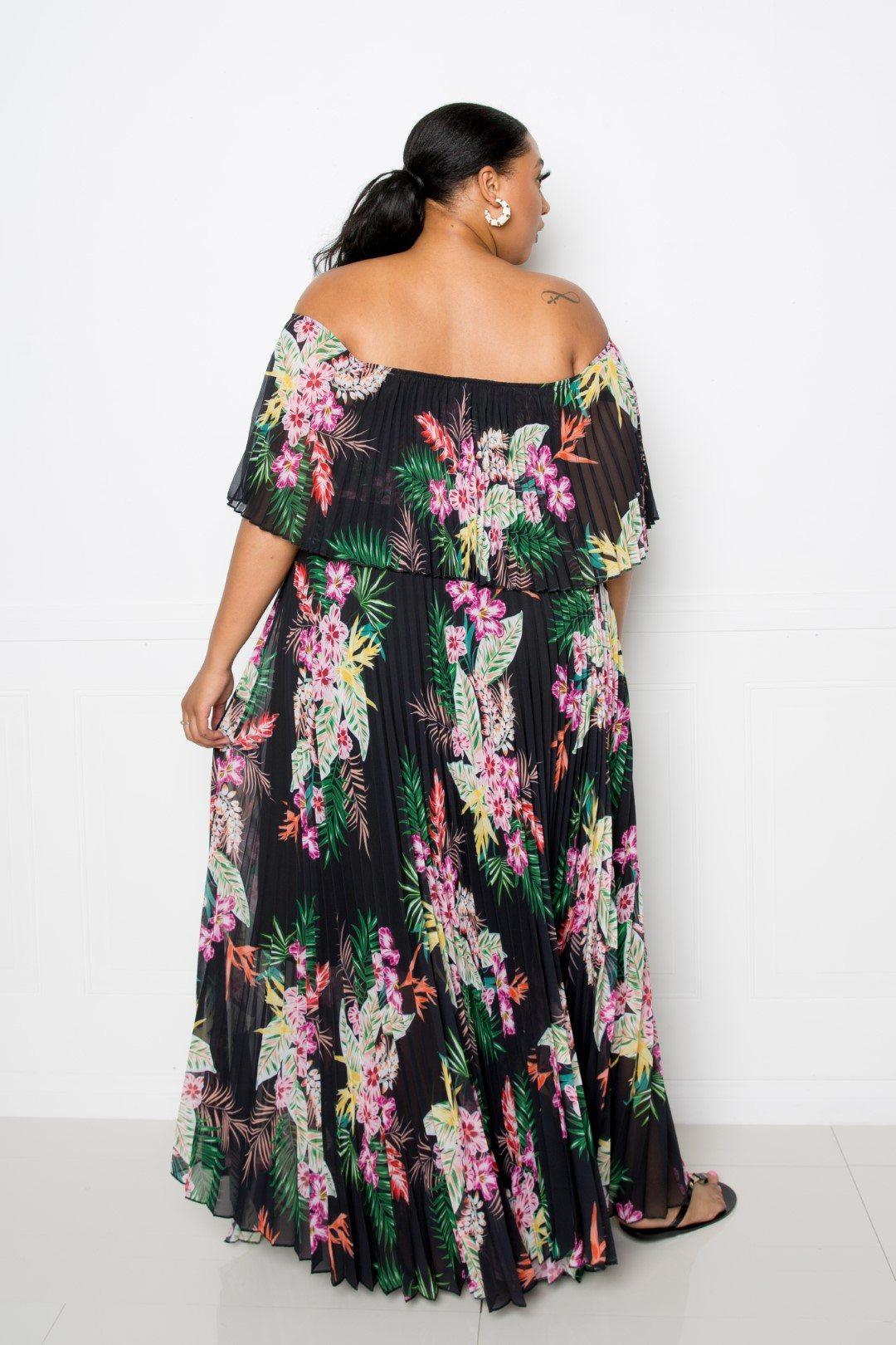 Tropical Printed Off Shoulder Pleated Maxi Dress - AMIClubwear