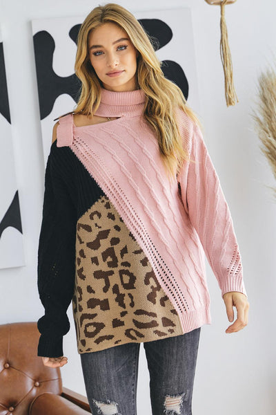 Turtle Neck Color Block Cutout Sweater - AMIClubwear