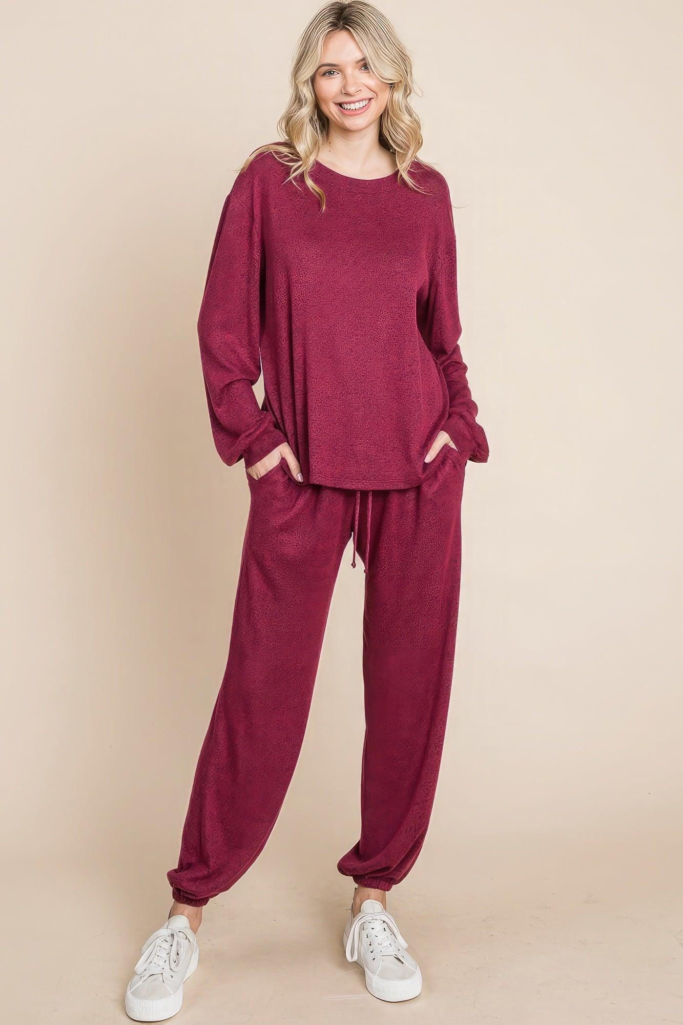 Two Tone Solid Warm And Soft Hacci Brush Loungewear Set - AMIClubwear