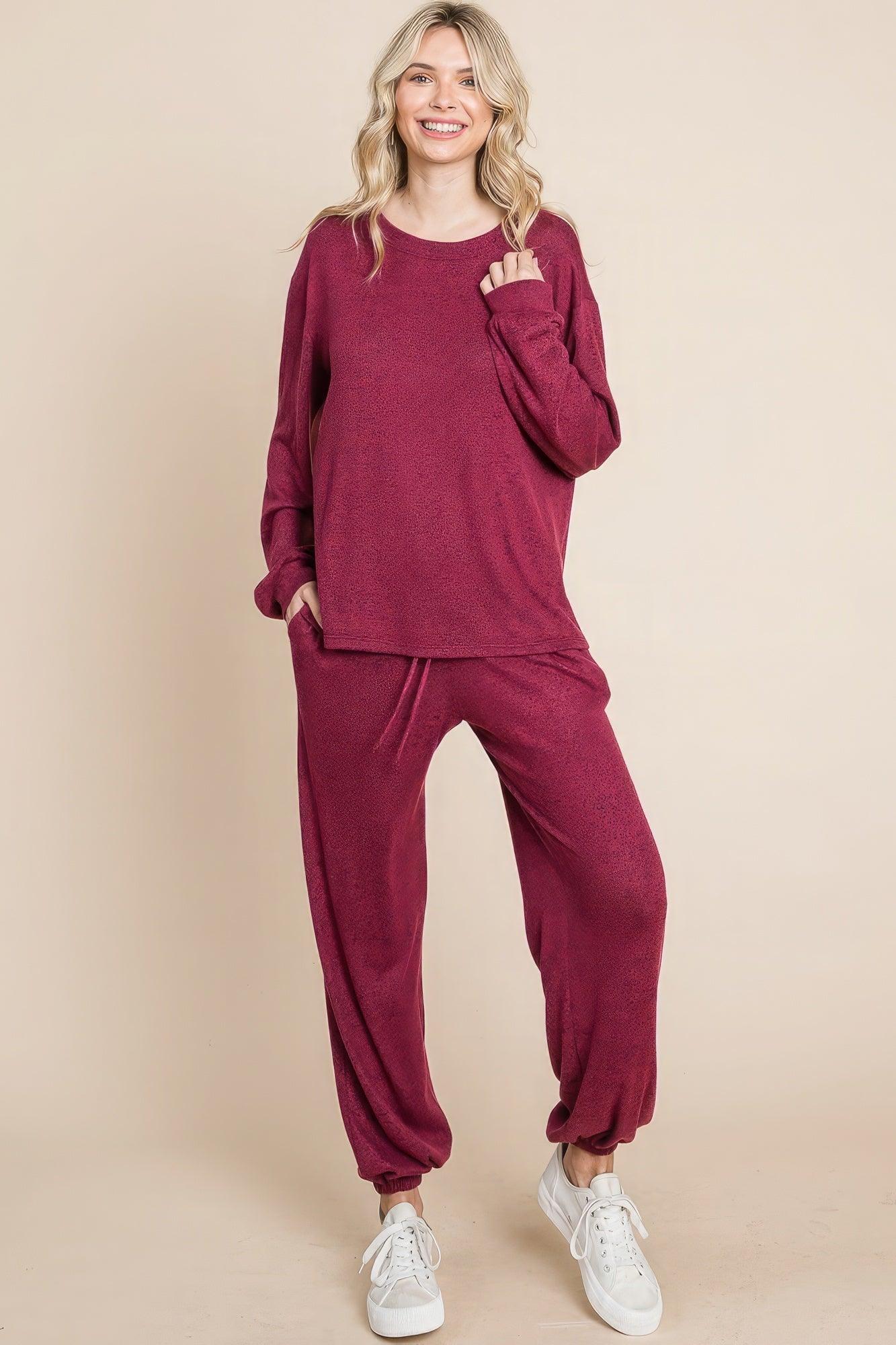 Two Tone Solid Warm And Soft Hacci Brush Loungewear Set - AMIClubwear