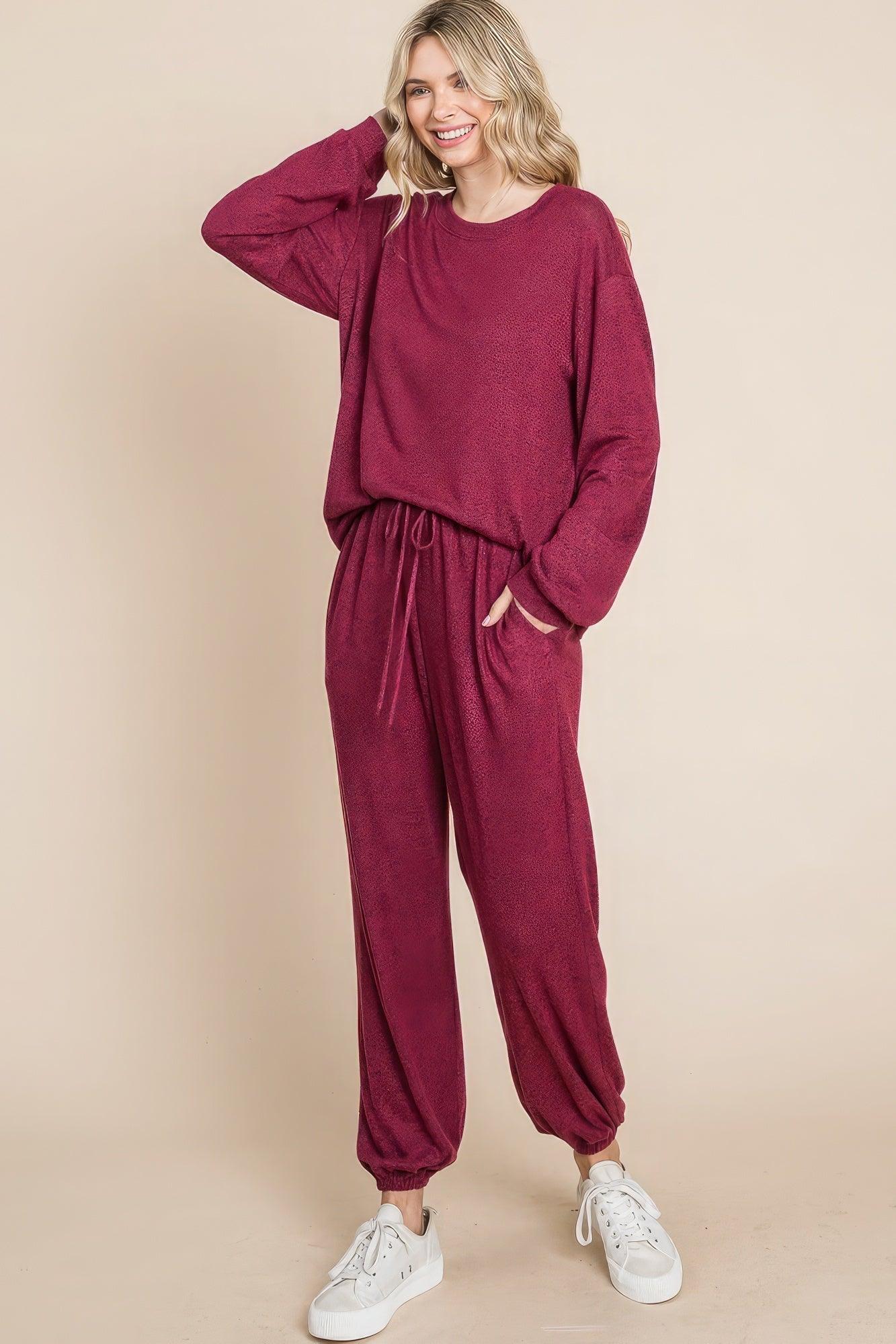 Two Tone Solid Warm And Soft Hacci Brush Loungewear Set - AMIClubwear