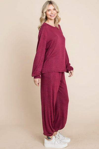 Two Tone Solid Warm And Soft Hacci Brush Loungewear Set - AMIClubwear