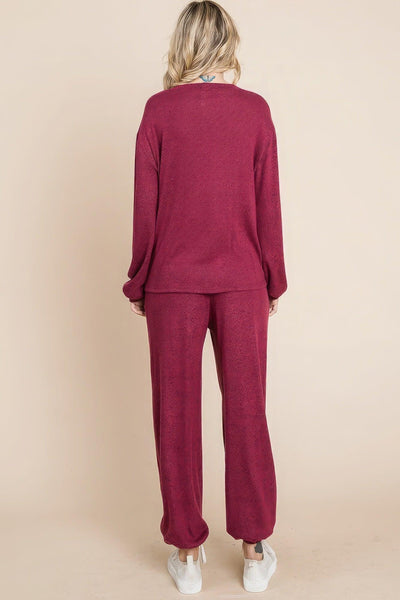 Two Tone Solid Warm And Soft Hacci Brush Loungewear Set - AMIClubwear