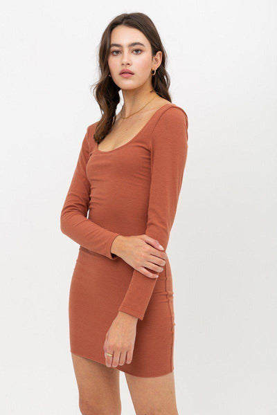 U Neck Of Front And Back Side, Basic Rib Dress With Long Sleeve - AMIClubwear