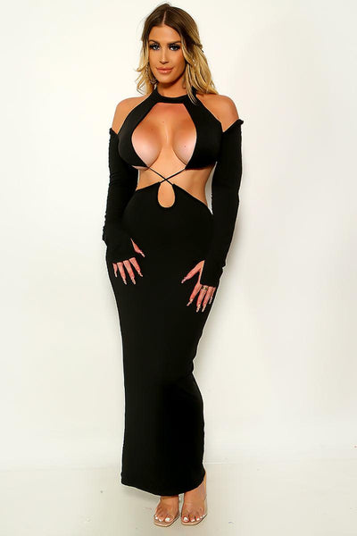 Ultra Sexy Long Sleeve Cutout Maxi Dress With Collar - AMIClubwear