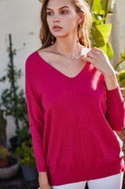 V Neck 3/4 Sleeve Side Slit Hi-lo Sweater - AMIClubwear